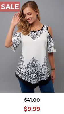 Tribal Print Cold Shoulder Asymmetric Hem T Shirt