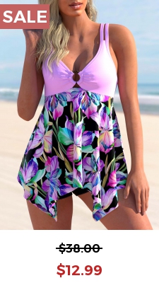 Floral Print Ring Detail Light Purple Swimdress Top