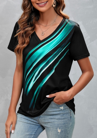 Black Gradient Radial Print V Neck T Shirt