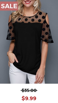 Polka Dot Cold Shoulder Round Neck T Shirt