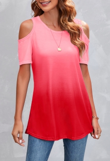 Rose Red Ombre Cold Shoulder T Shirt