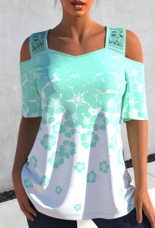 Lace Stitching Floral Print Ombre Cyan T Shirt