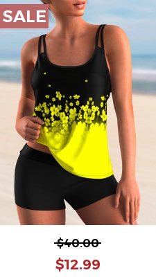 Floral Print Spaghetti Strap Ombre Tankini Set