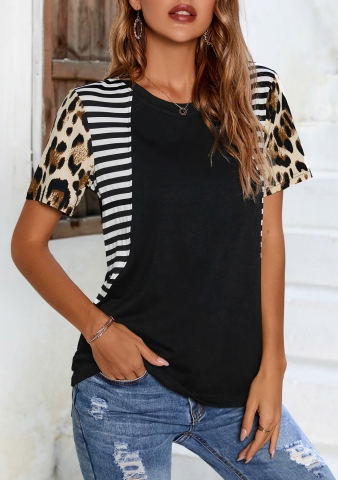 Leopard Striped Short Sleeve Black T Shirt