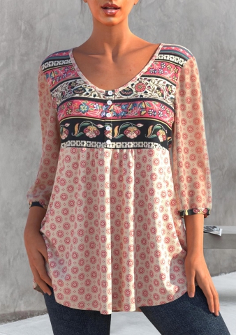 Tribal Print Button Detail Peach Pink T Shirt