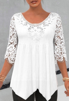 Lace Stitching Asymmetric Hem White 3/4 Sleeve Blouse