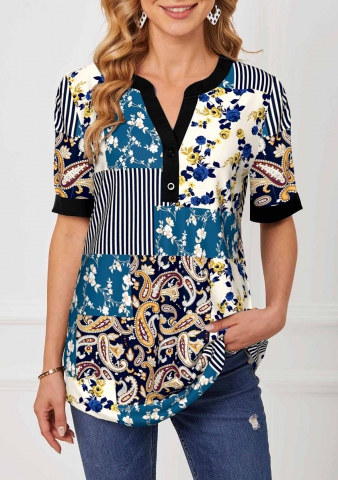 Short Sleeve Split Neck Paisley Print Blouse