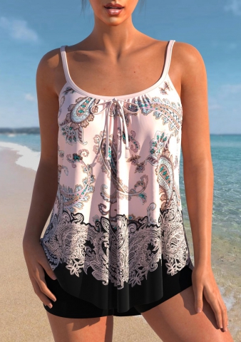 Paisley Print Light Pink Bowknot Tankini Top