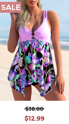 Floral Print Ring Detail Light Purple Swimdress Top