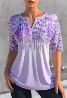 Lace Stitching Split Neck Light Purple T Shirt