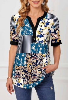 Short Sleeve Split Neck Paisley Print Blouse