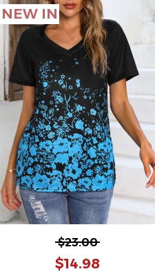 Black Floral Print V Neck T Shirt