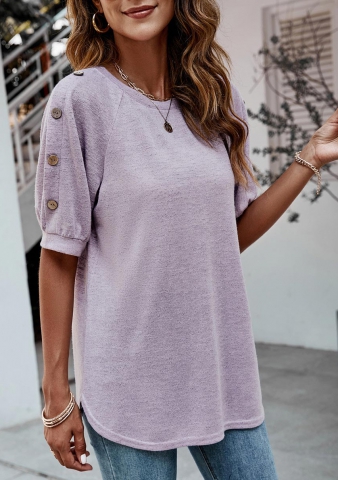 Purple Decorative Button Half Sleeve T Shirt