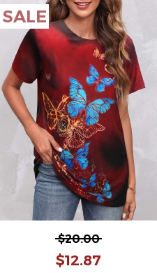 Butterfly Print Red Round Neck T Shirt
