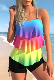 Rainbow Print Layered Hem Tankini Top