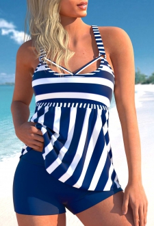Stripe Print Navy Blue Ring Detail Tankini Set