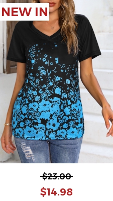 Black Floral Print V Neck T Shirt