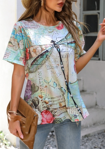 Dragonfly Print Green Short Sleeve T Shirt