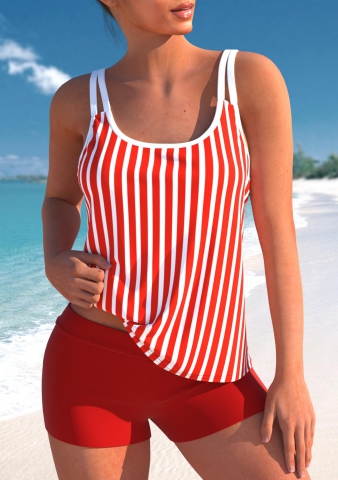 Red Striped Double Straps Tankini Set