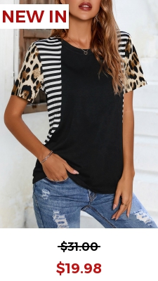 Leopard Striped Short Sleeve Black T Shirt