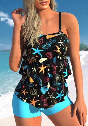 Sea Animals Print Layered Black Tankini Set