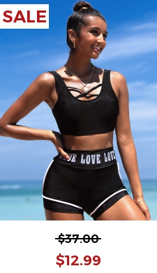 Letter Print Cross Strap High Waisted Bikini Set