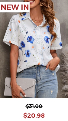 White Floral Print Turndown Collar Blouse