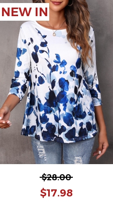 Floral Print Blue Round Neck T Shirt