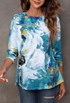Floral Print 3/4 Sleeve Round Neck T Shirt
