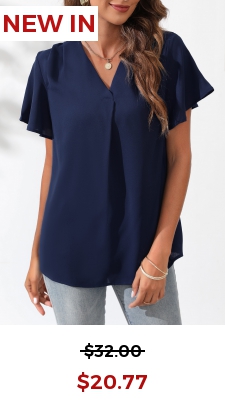 Navy Blue Short Sleeve V Neck Blouse