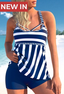 Stripe Print Navy Blue Ring Detail Tankini Set