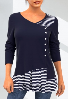 Striped Navy Decorative Button Layered Hem T Shirt