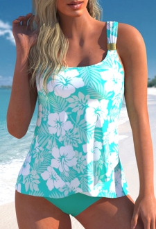 Floral Print Wide Strap Cyan Tankini Set