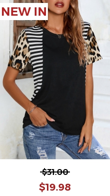 Leopard Striped Short Sleeve Black T Shirt