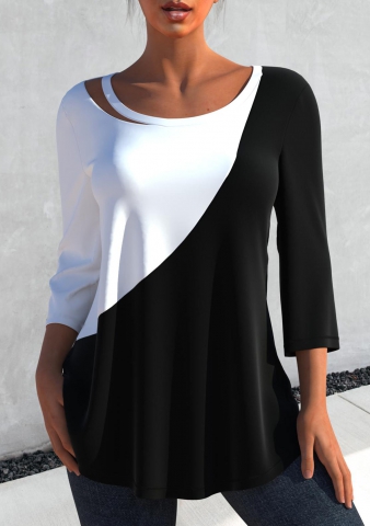 Contrast Black 3/4 Sleeve Round Neck T Shirt