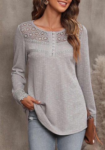 Light Grey Marl Lace Stitching Long Sleeve T Shirt