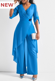 Flower Decoration Chiffon Royal Blue Jumpsuit