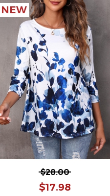 Floral Print Blue Round Neck T Shirt
