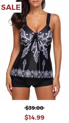 Knot Detail Printed Spaghetti Strap Tankini Set