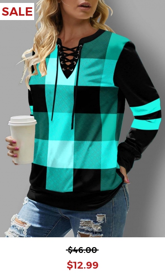 Lace Up Plaid Long Sleeve Sweatshirt