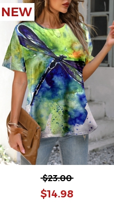 Dragonfly Print Green Round Neck T Shirt