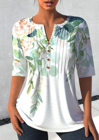Floral Print Crinkle Chest White Split Neck Blouse
