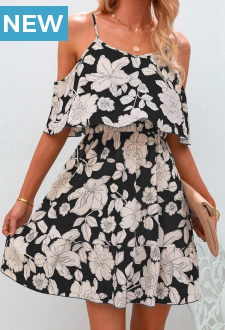 Strappy Cold Shoulder Floral Print Black Dress