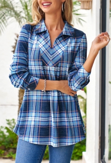 Turndown Collar Plaid Fold Long Sleeve Blouse
