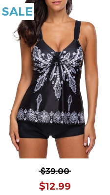 Knot Detail Printed Spaghetti Strap Tankini Set