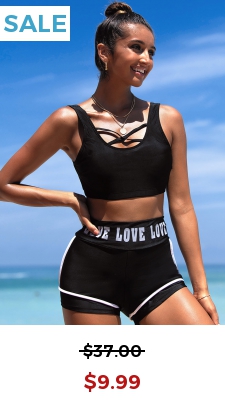 Letter Print Cross Strap High Waisted Bikini Set