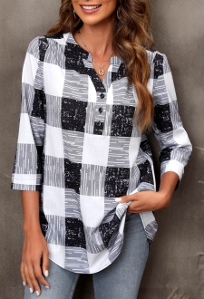 Plaid Split Neck Black 3/4 Sleeve Blouse