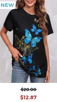 Round Neck Butterfly Print Black T Shirt