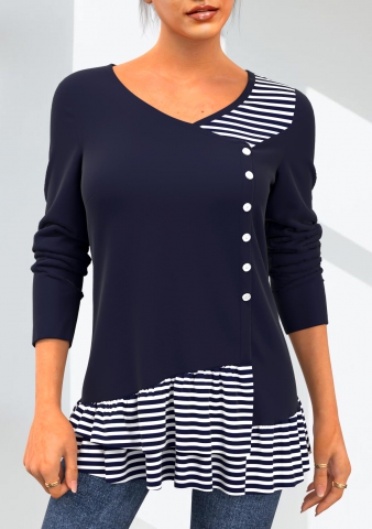 Striped Navy Decorative Button Layered Hem T Shirt