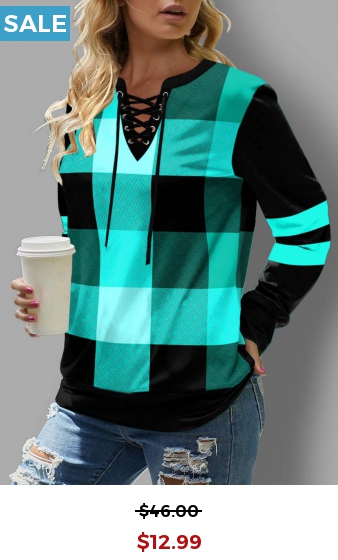 Lace Up Plaid Long Sleeve Sweatshirt